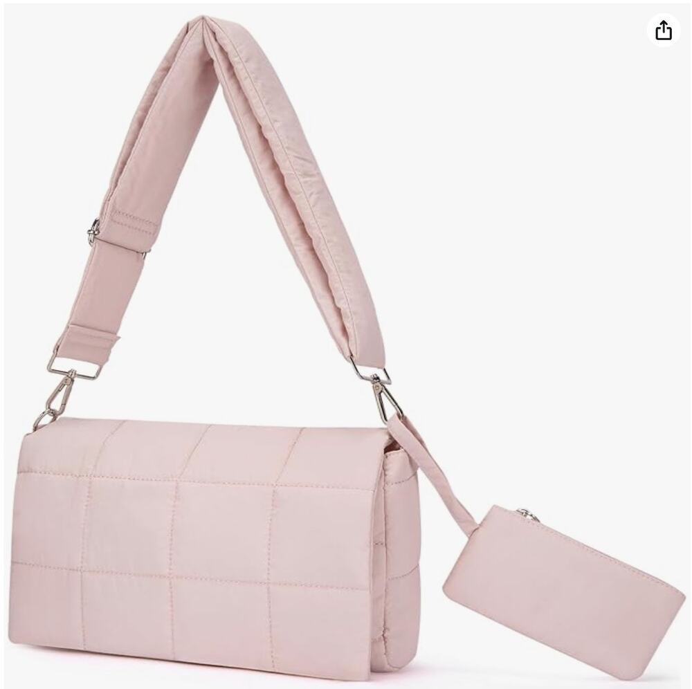 Puffer Shoulder Bag, Puffy Crossbody Purse, Lightweight Padded Tote Bag - Pink